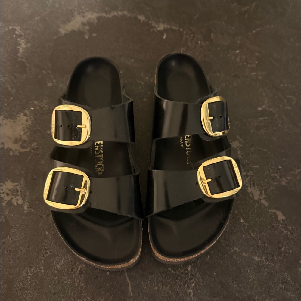 Black Birkenstocks with Gold Buckles